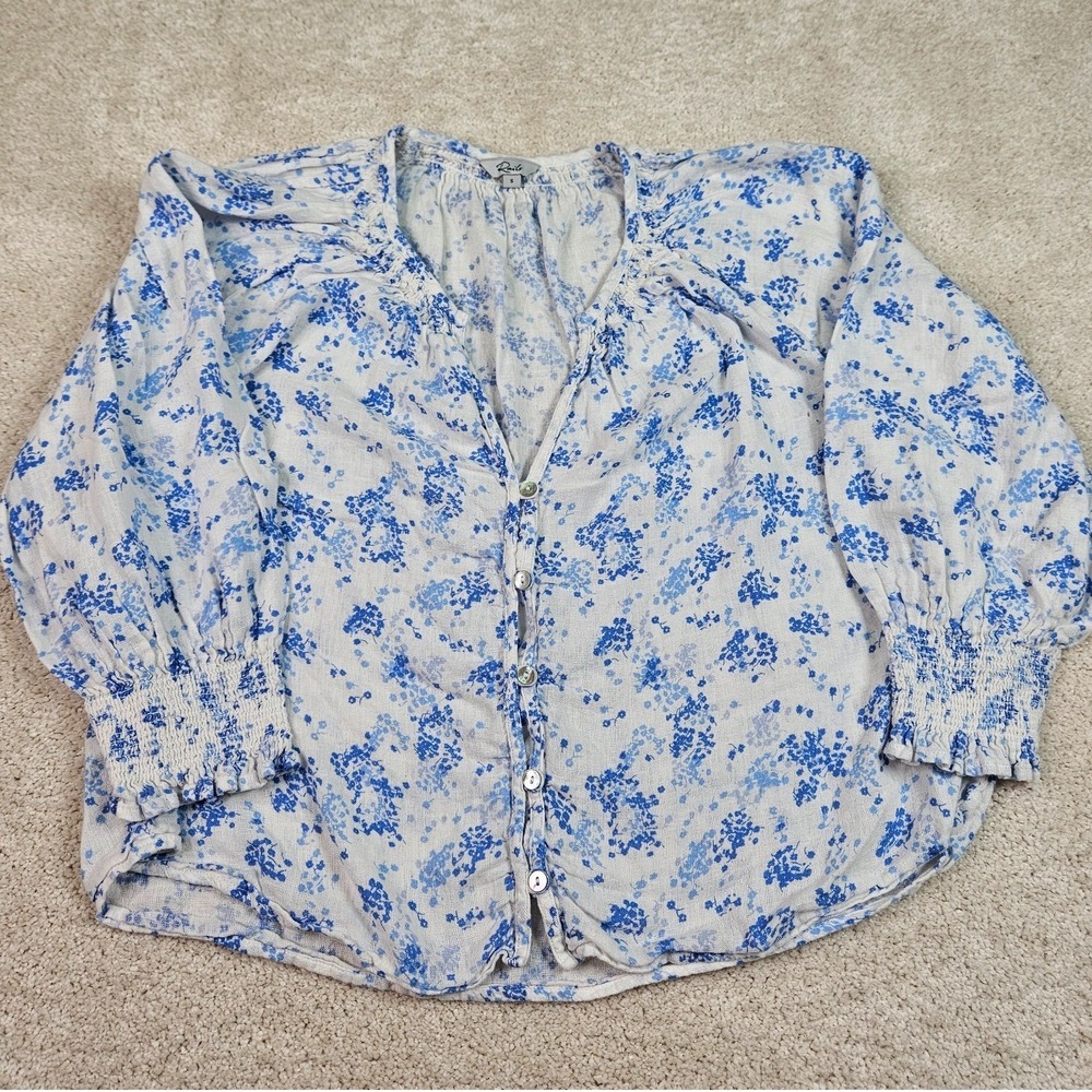 Rails S Blue Linen Blouse Coastal Grandmother Cottagecore Boho Hamptons Peasant